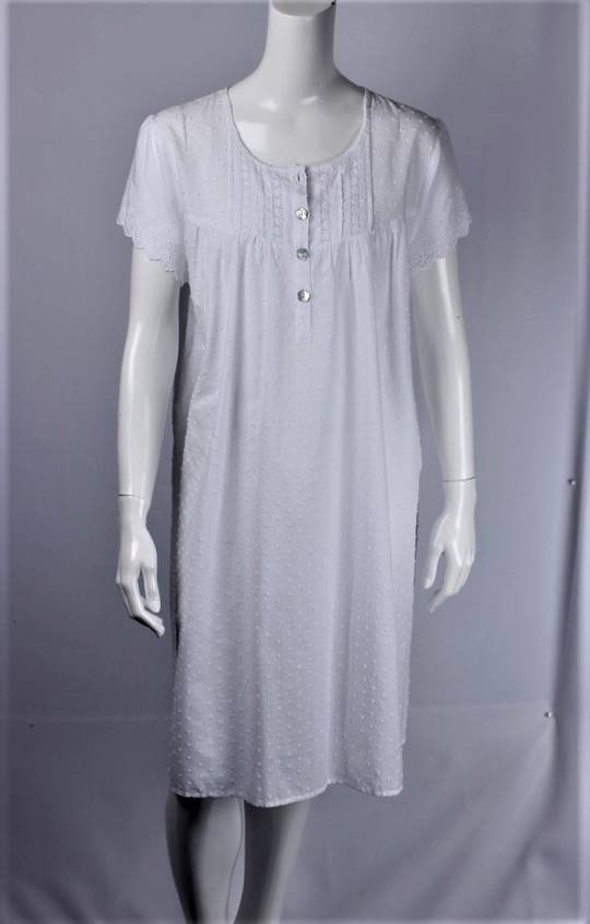 Alice & Lily  S/S  nightie w swiss dot, buttons, embroidered sleeves white - large only available. STYLE: AL/ND-312/WHT/L